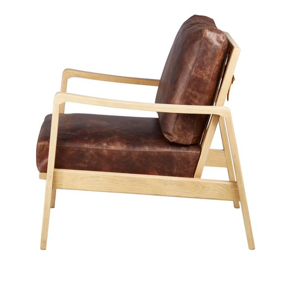 Fauteuil cuir marron pieds frêne naturel Pablo