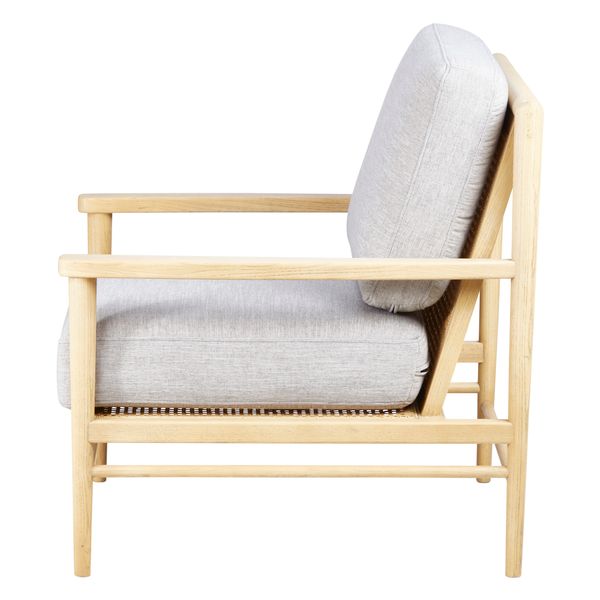 Fauteuil tissu lin gris clair pieds frêne naturel Basil