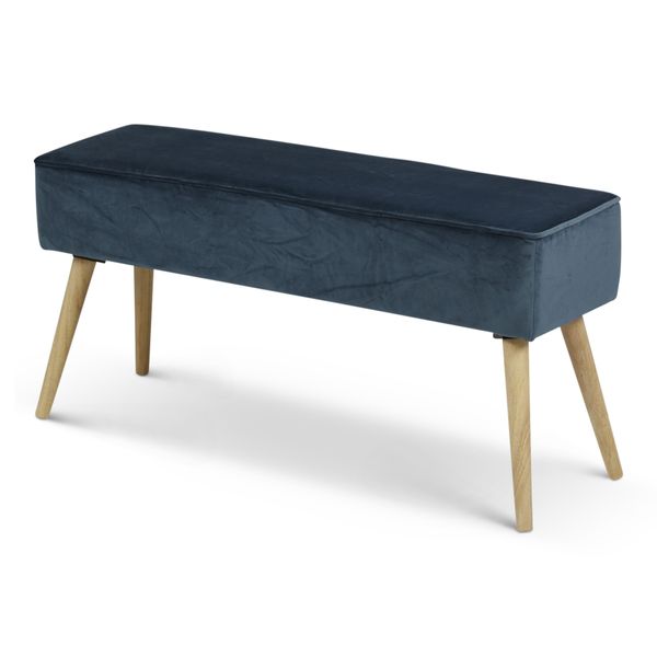 Banc en velours bleu foncé et pieds bois naturel Popy