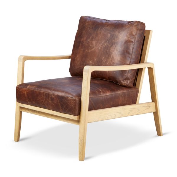 Fauteuil cuir marron pieds frêne naturel Pablo