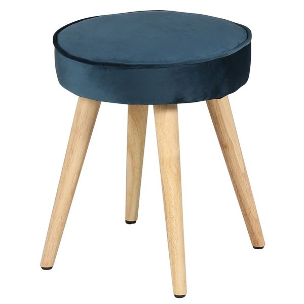 Tabouret en velours bleu foncé pieds bois naturel Popy