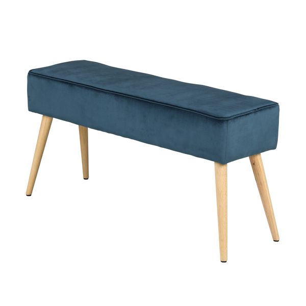 Banc en velours bleu foncé et pieds bois naturel Popy