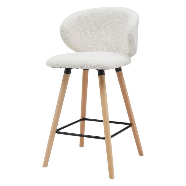 Chaise de bar tissu effet laine bouclette blanc pieds bois Tiago