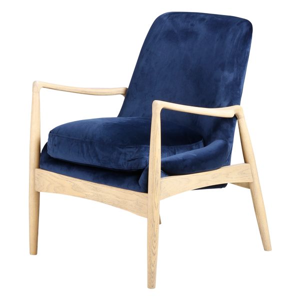 Fauteuil velours bleu foncé pieds frêne naturel Nacho