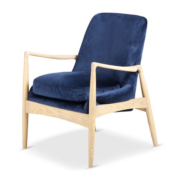 Fauteuil velours bleu foncé pieds frêne naturel Nacho