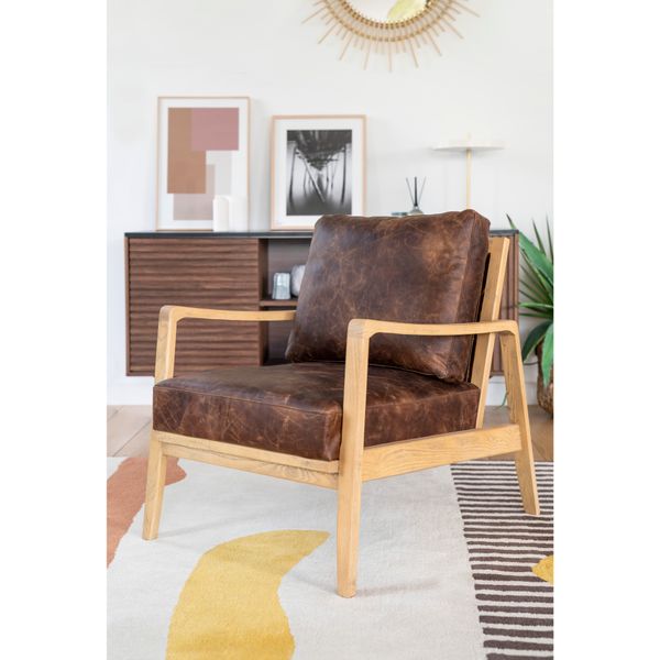 Fauteuil cuir marron pieds frêne naturel Pablo