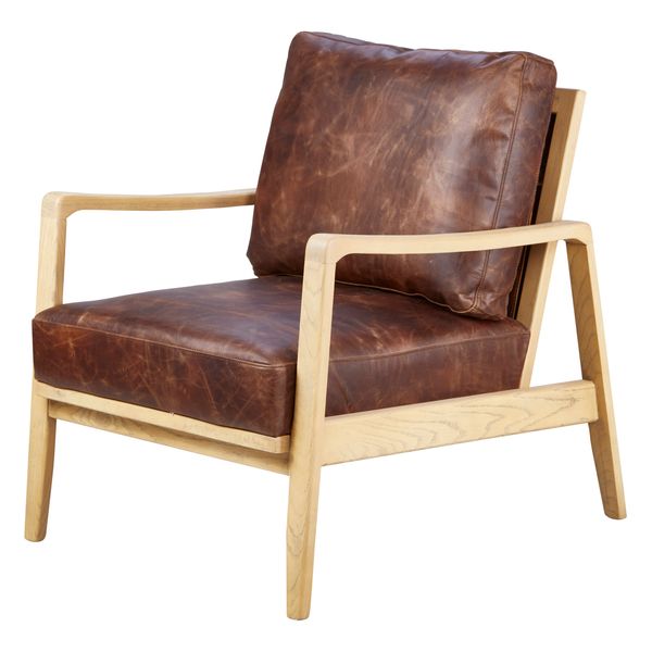 Fauteuil cuir marron pieds frêne naturel Pablo