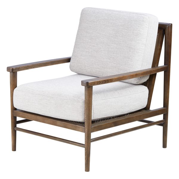 Fauteuil tissu lin gris clair pieds frêne brûlé Basil