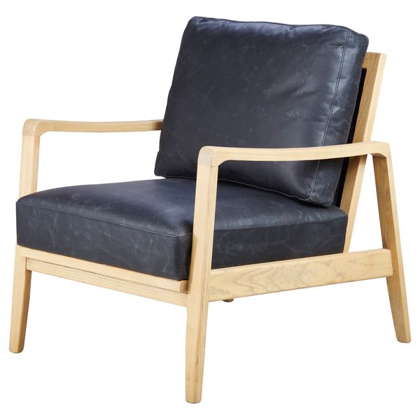 Fauteuil cuir noir pieds frêne naturel Pablo