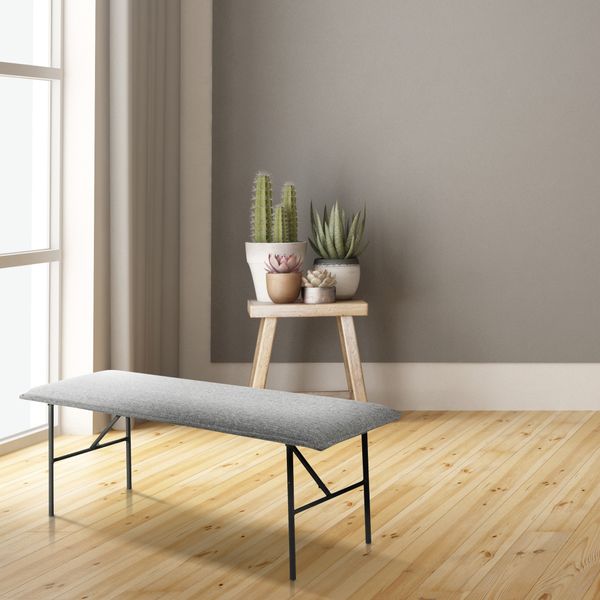 Banc moderne tissu gris clair 134 cm piètement métal noir mat Lucce