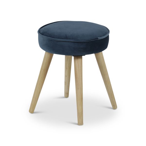 Tabouret en velours bleu foncé pieds bois naturel Popy