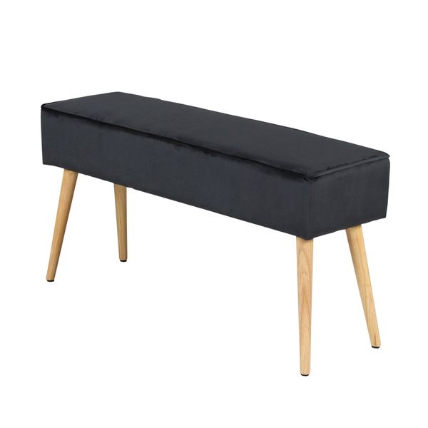 Banc en velours gris foncé et pieds bois naturel Popy