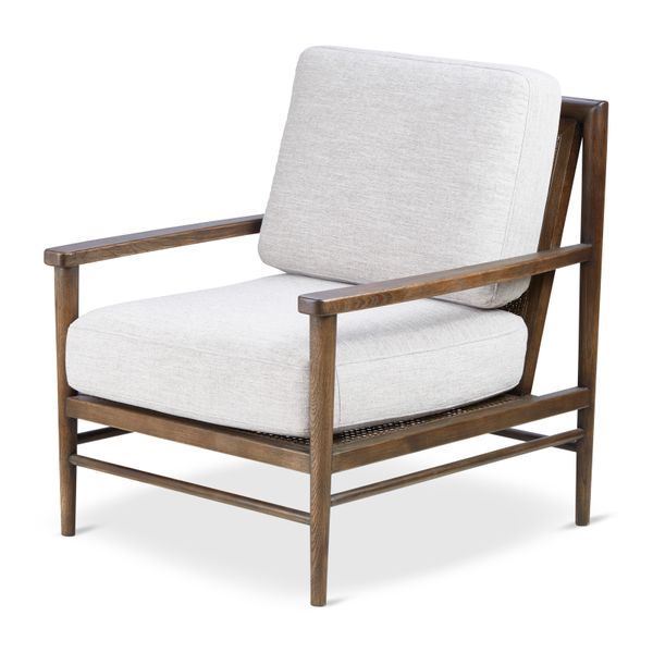 Fauteuil tissu lin gris clair pieds frêne brûlé Basil