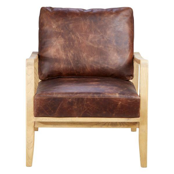 Fauteuil cuir marron pieds frêne naturel Pablo