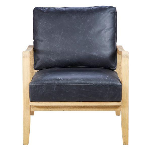 Fauteuil cuir noir pieds frêne naturel Pablo