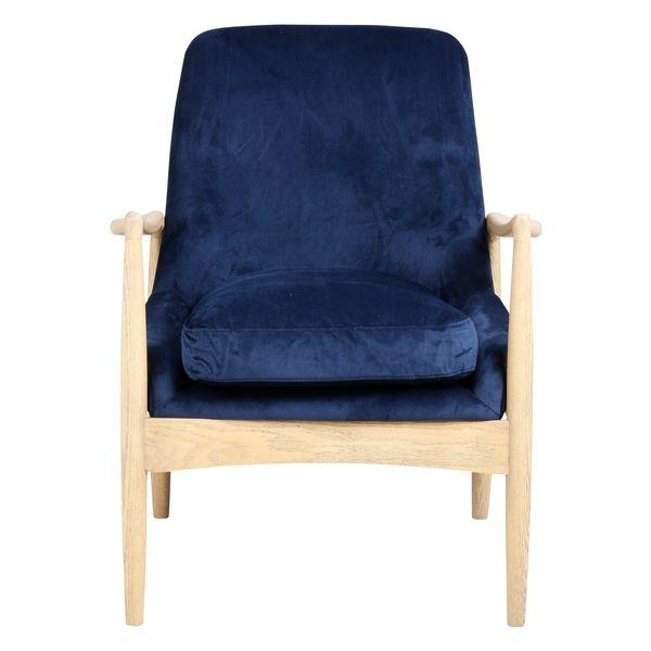 Fauteuil velours bleu foncé pieds frêne naturel Nacho