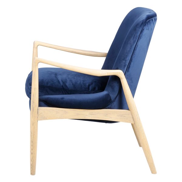 Fauteuil velours bleu foncé pieds frêne naturel Nacho