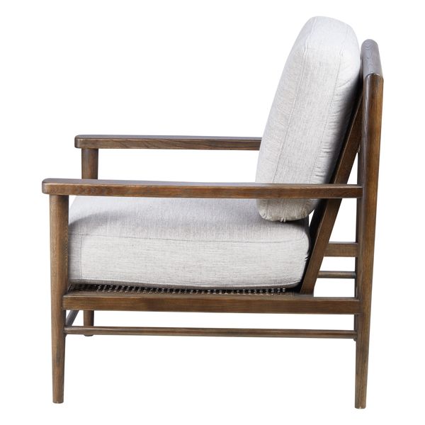 Fauteuil tissu lin gris clair pieds frêne brûlé Basil